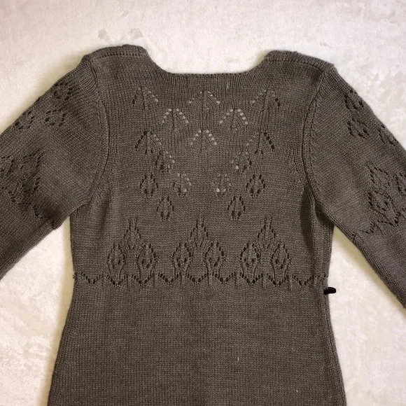 Mocha Brown Knit Bow V-Neck Long Sleeve Sweater Dress - Picture 5 of 6